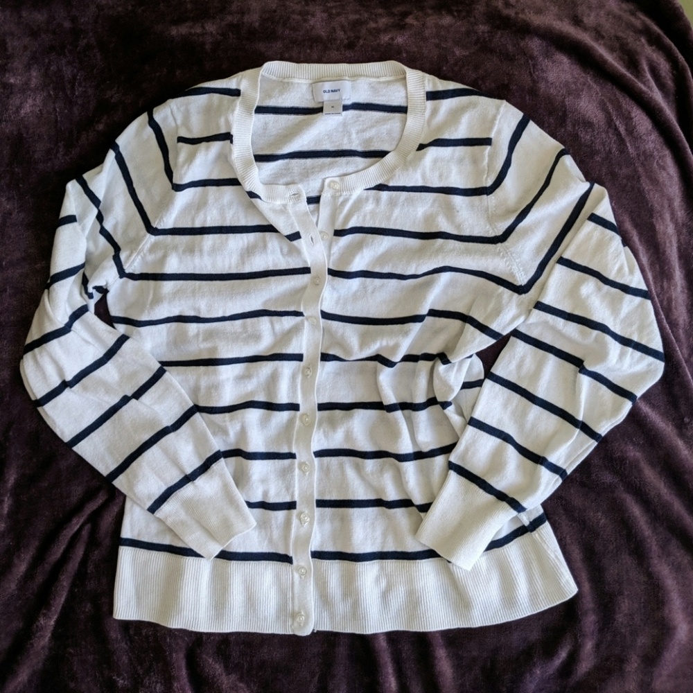 Navy blue and white button cardigan